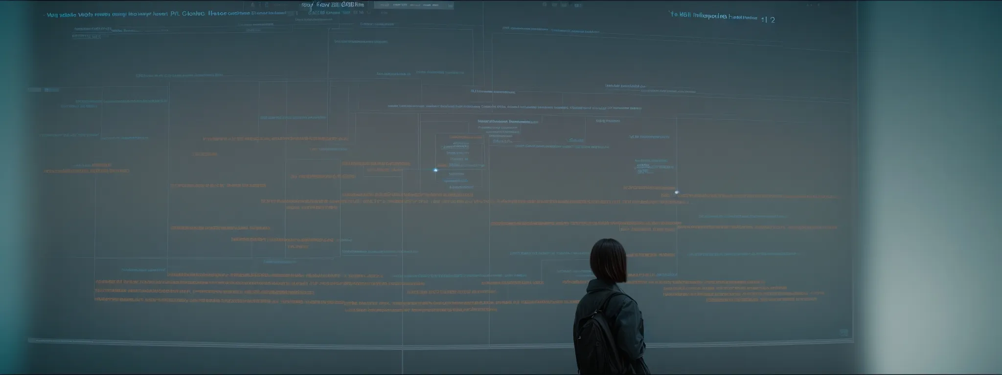 a person standing in front of a large, interactive touch screen displaying a web of connected search terms and topics.