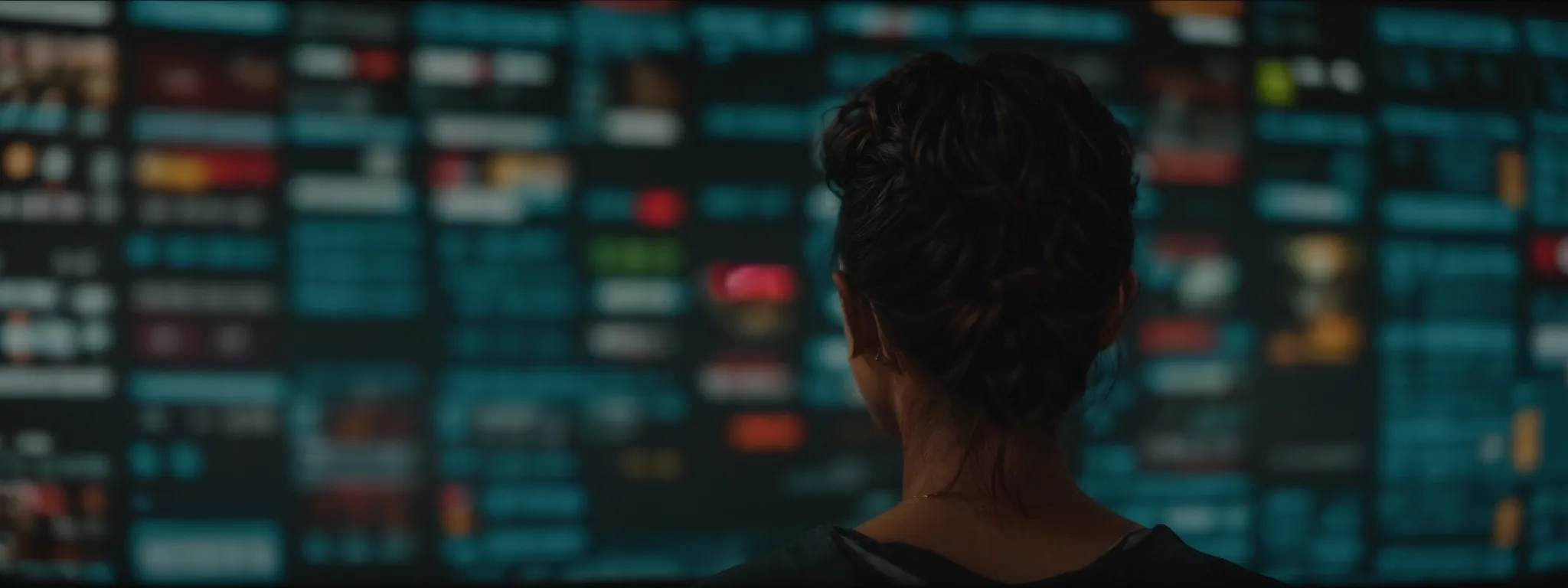a person staring intently at a large screen displaying multiple web browser tabs, each with a different domain name highlighted.