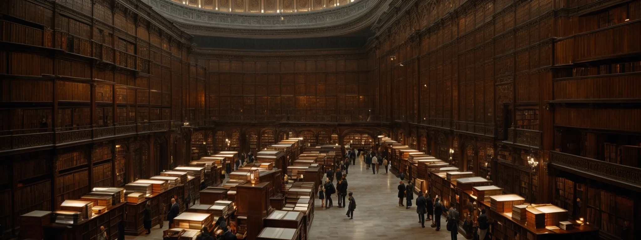 a vast library hall with visitors browsing through rows of books under a massive, ornate dome.