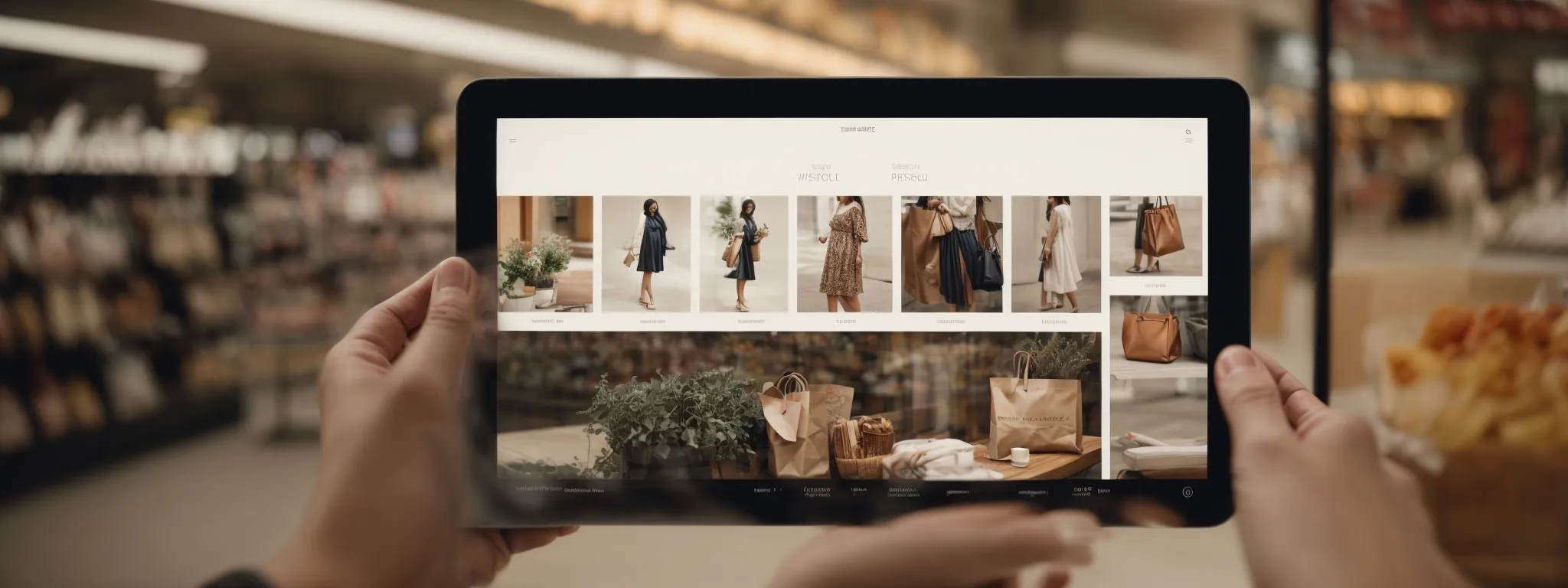a shopper interacts smoothly with a sleek, user-friendly digital tablet interface displaying an organized category menu for an online store.