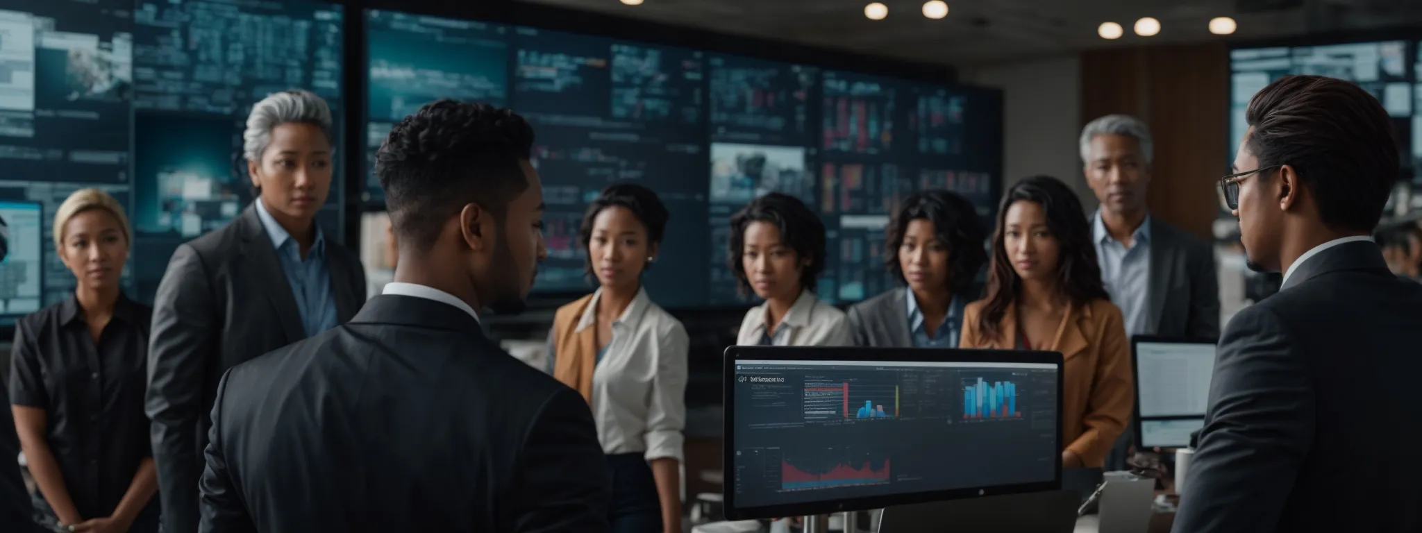 a diverse group of professionals collaborate around a large digital screen displaying vibrant social media analytics and seo trends.