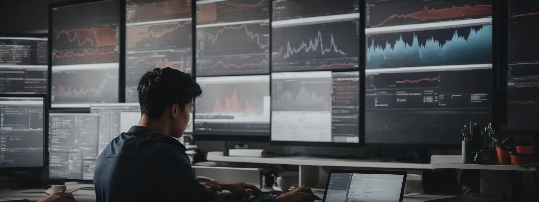 a focused individual researching on a computer surrounded by digital marketing strategy diagrams and seo tools.