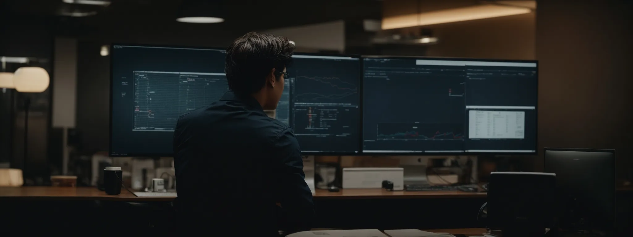 a marketer at a large screen views analytics while adjusting a website's content strategy.
