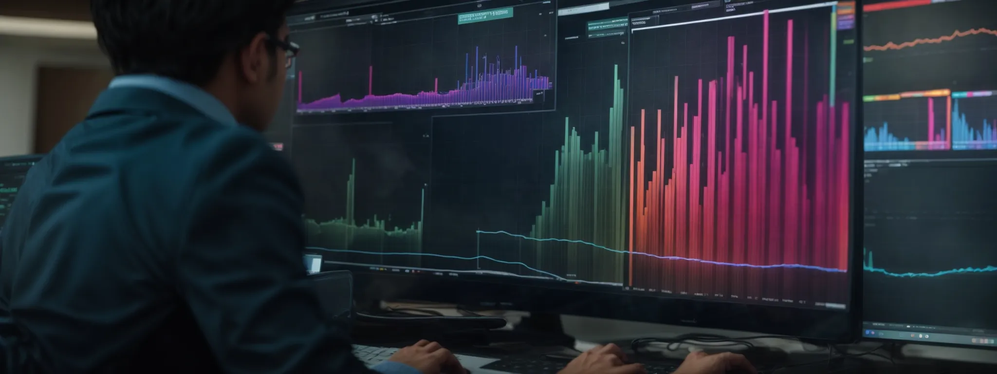 a marketing professional examines a colorful array of bar graphs on a computer screen, representing search engine ad performance metrics.