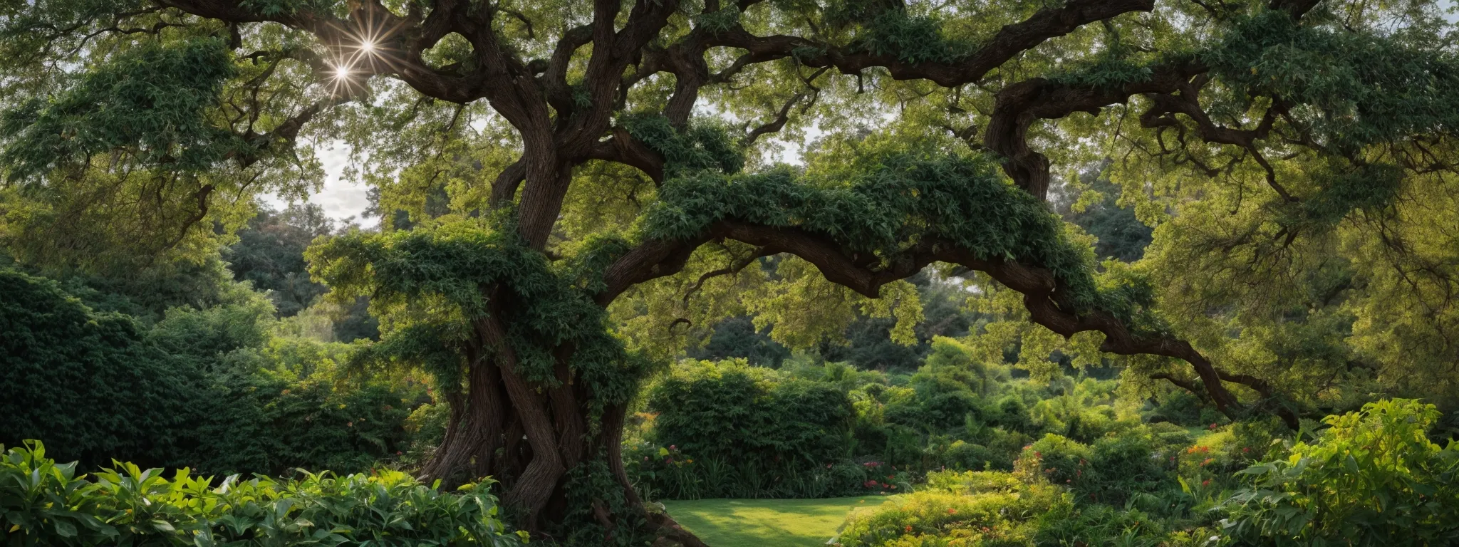 a vibrant, healthy tree standing tall against a backdrop of smaller, flourishing trees in a well-kept garden.