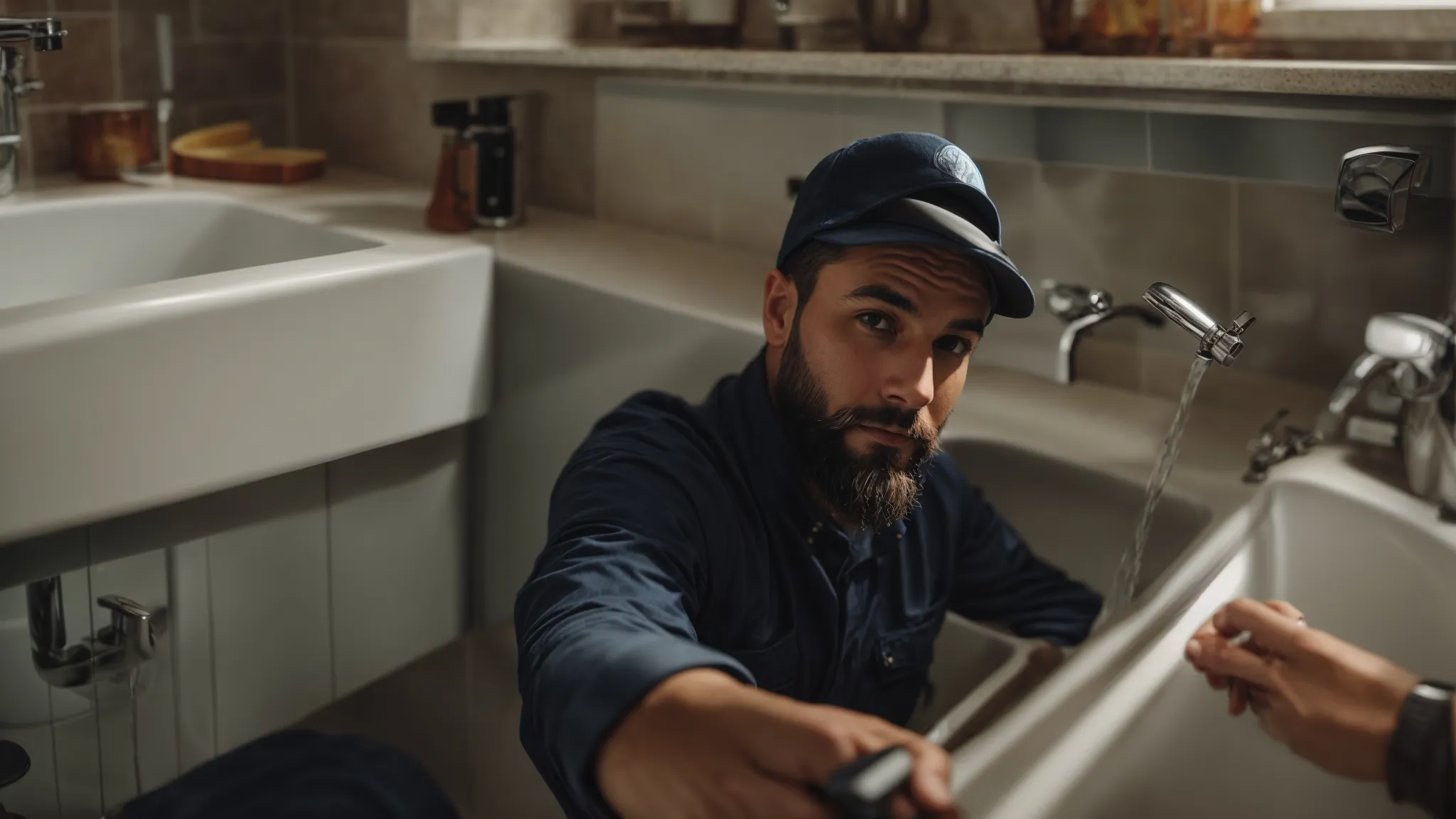 a plumber takes a selfie while fixing a sink, preparing to post it on a social media profile.
