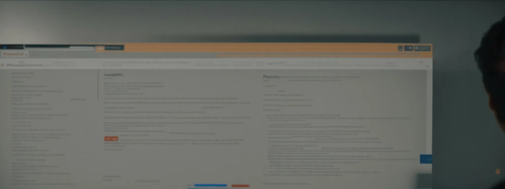 a person sits in front of a computer screen displaying a search engine results page with highlighted search snippets.