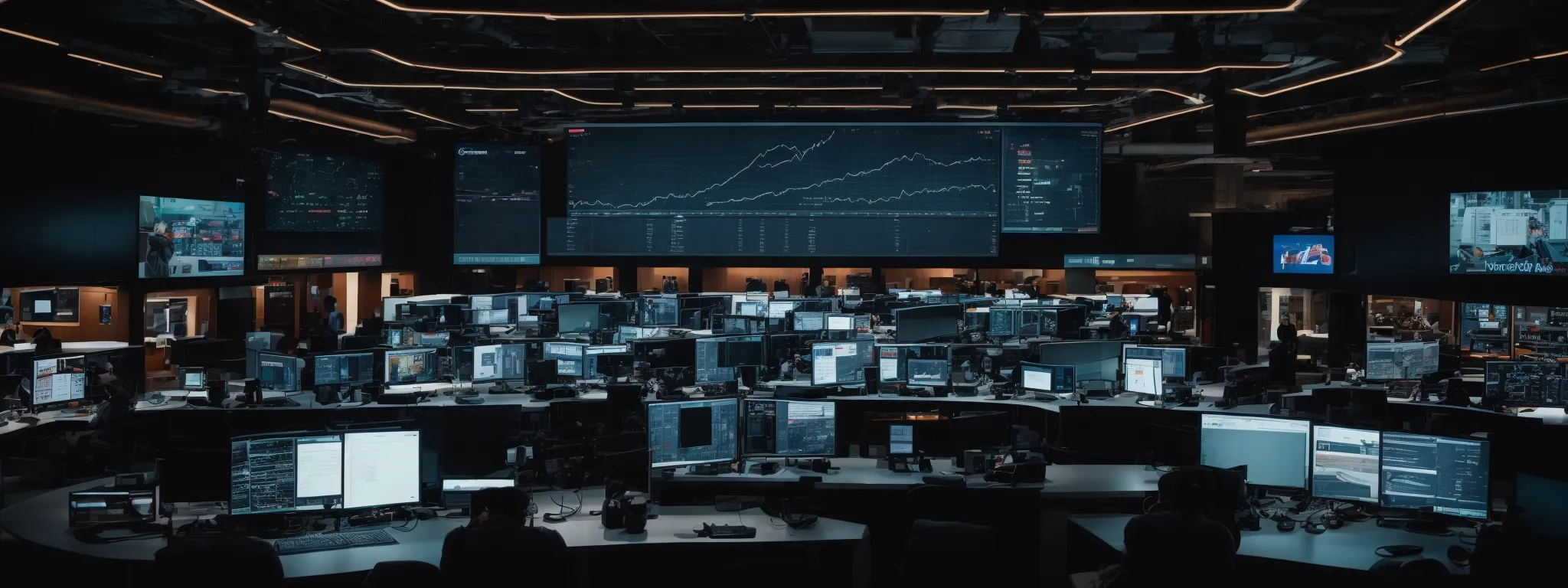 A modern trading floor with numerous computer monitors, displaying financial charts and data, and people working at desks under dim lighting.