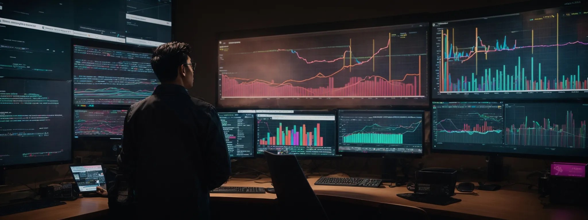 a person stands before a large computer screen displaying colorful analytics graphs and website data while engaging with an seo software interface on the shopify platform.