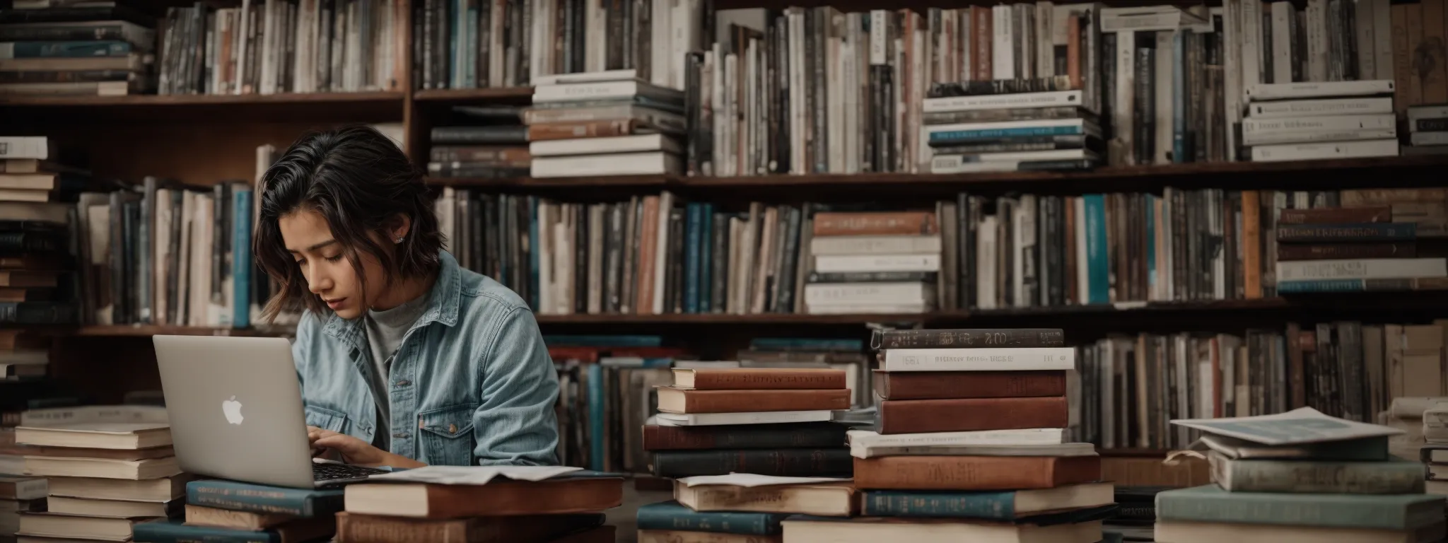 a recent graduate perches thoughtfully near a laptop, surrounded by marketing books, crafting a meticulous cover letter.
