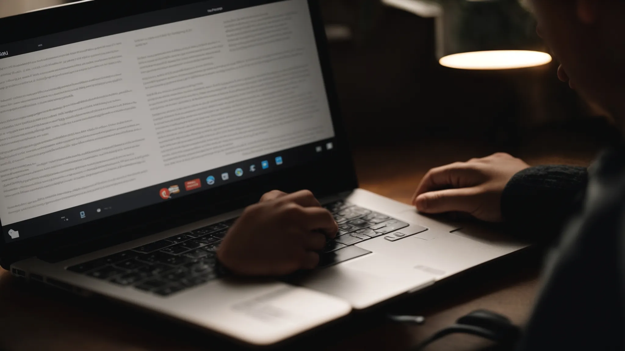 a person types on a laptop with a book on seo writing displayed on the screen.