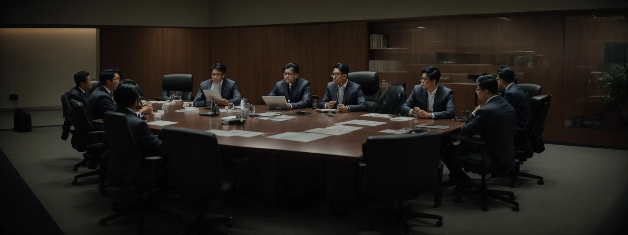 a team gathered around a conference table, reviewing charts and strategizing for the rebrand.