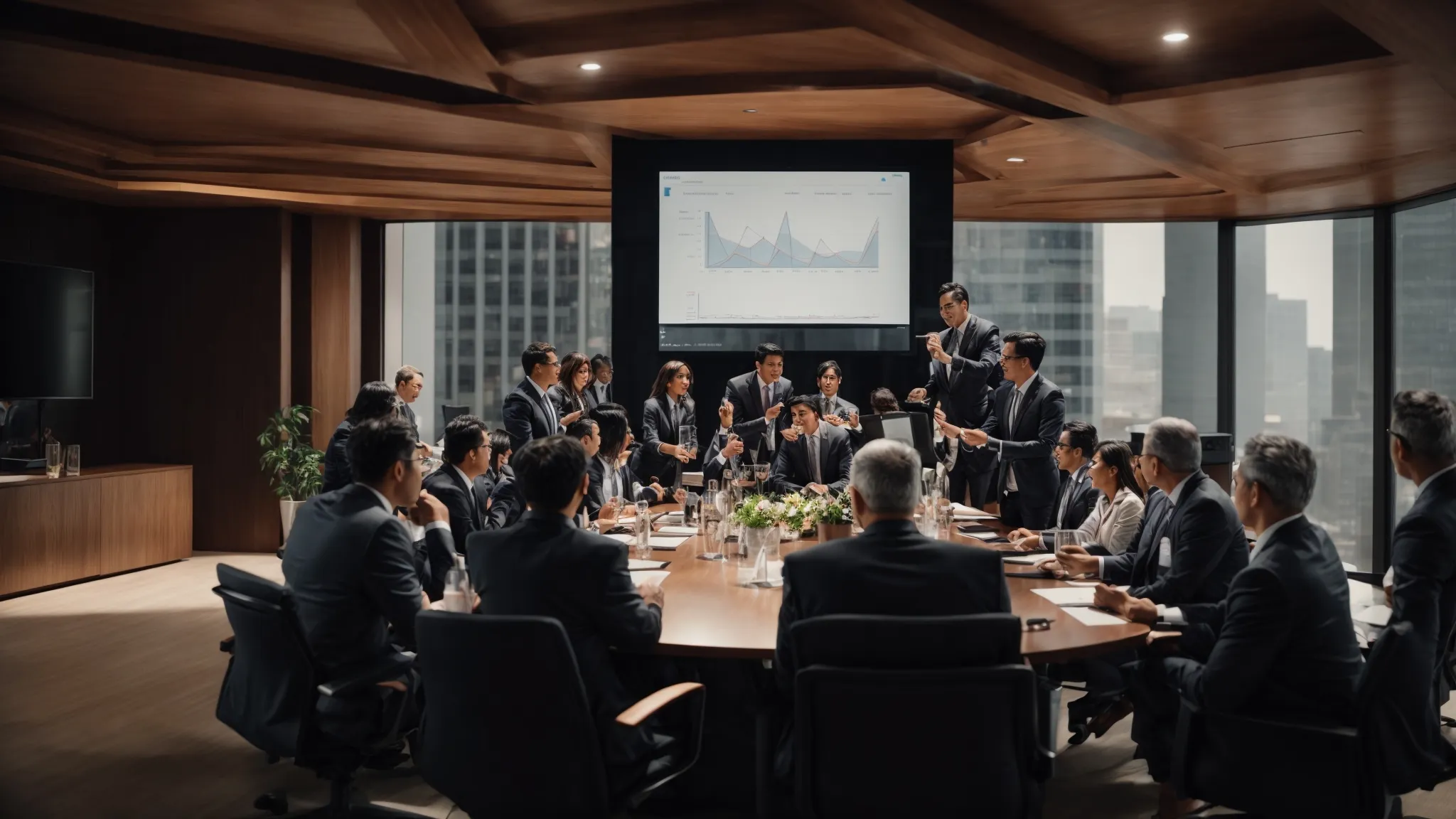 business professionals celebrating around a conference table with a laptop displaying rising analytics graphs.