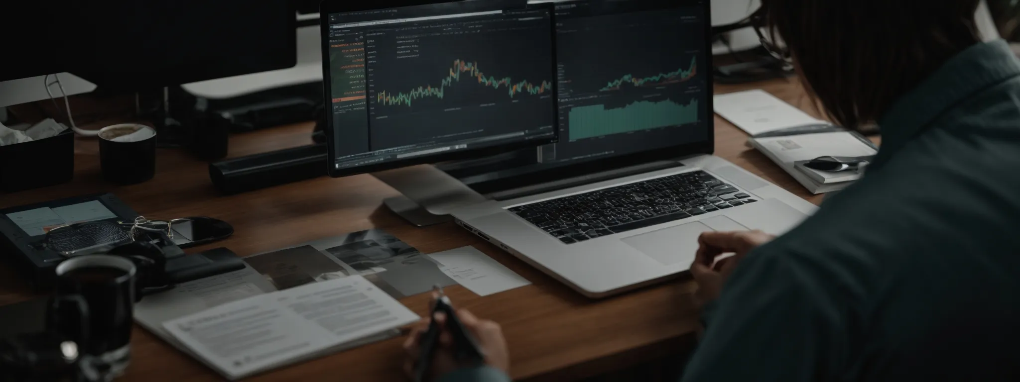 Person analyzing financial charts on dual monitors and a laptop at a desk, surrounded by documents, pen, coffee cup, and researching long-tail keywords for better market insights.