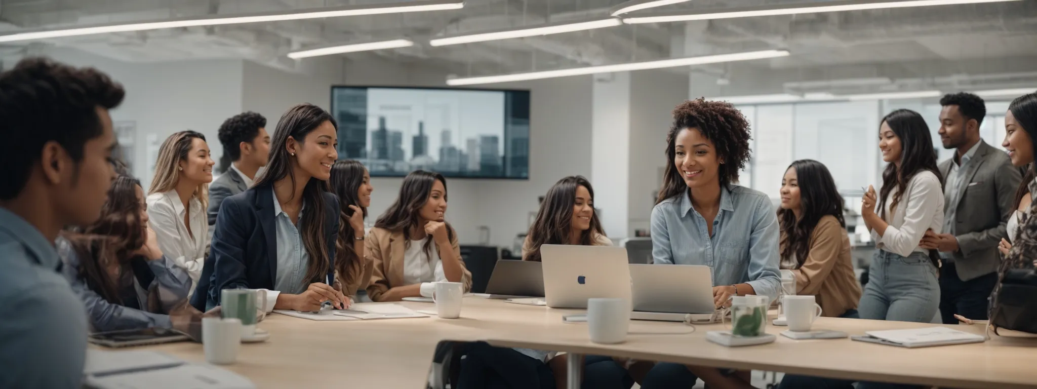 a group of people engaging around a digital marketing presentation in a bright, modern office space.