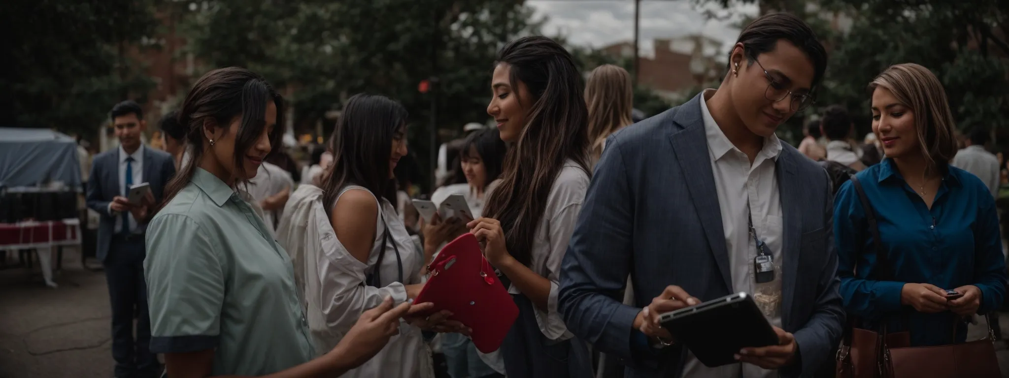 a business owner interacts with local patrons at a community event while checking online reviews on a tablet.