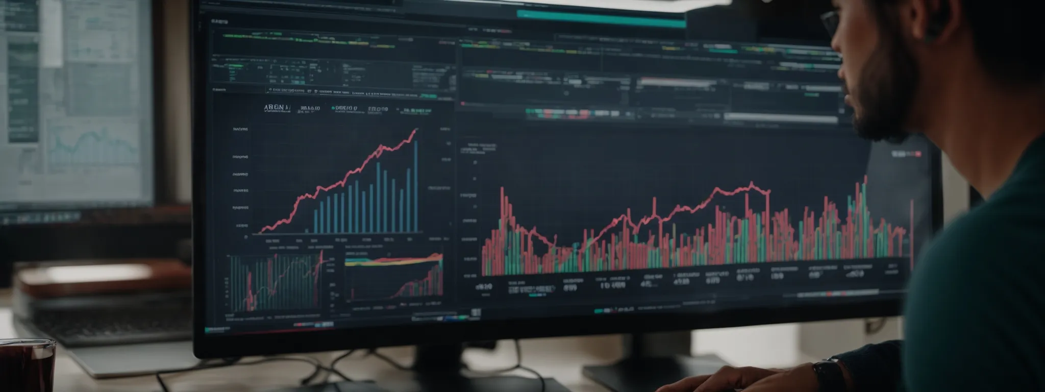 a marketer intently studies a computer screen displaying colorful graphs and charts analyzing website traffic trends.