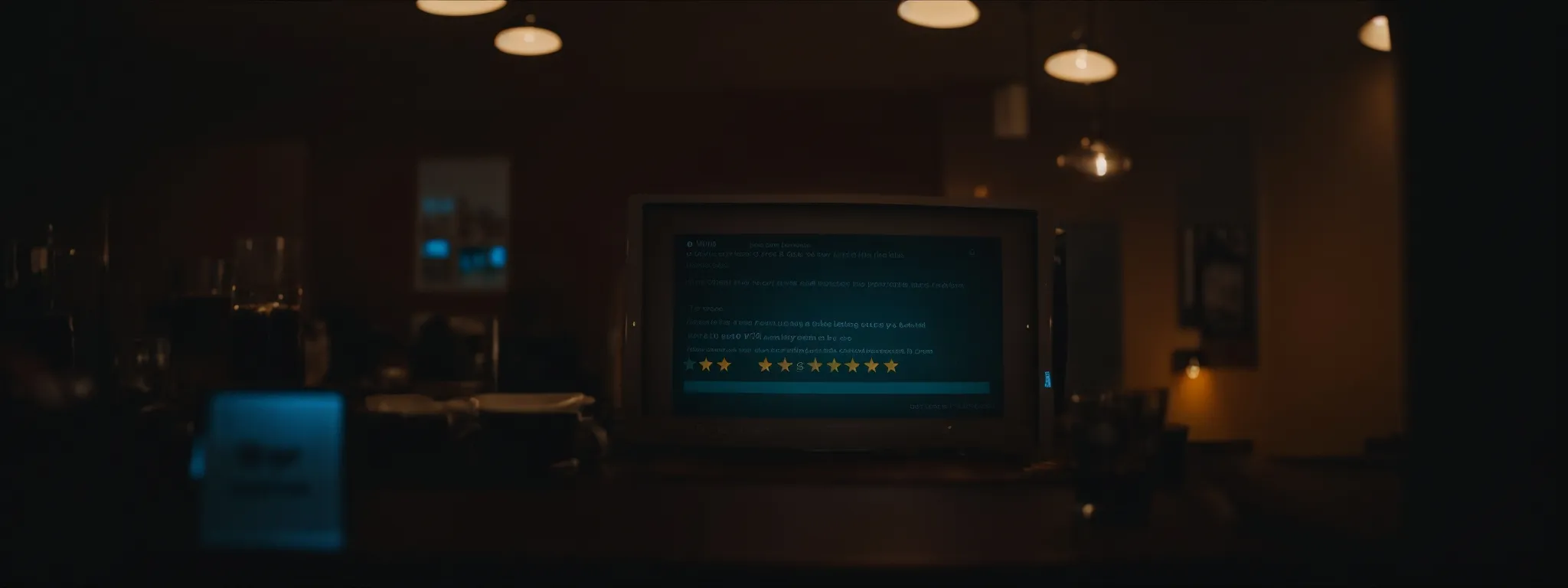 a customer happily showcases a five-star rating on a digital screen amidst a backdrop of glowing review notifications.