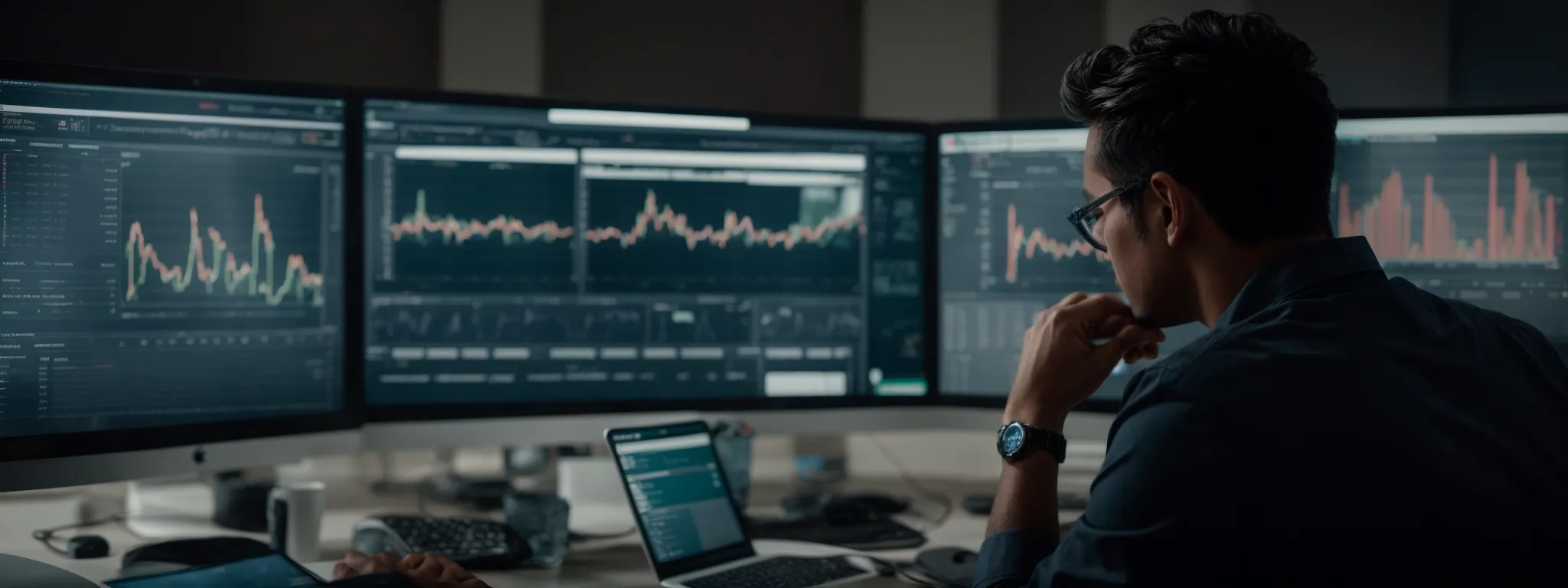 a person intently studies analytics on a computer screen, showcasing a dashboard with trending graphs and site metrics.
