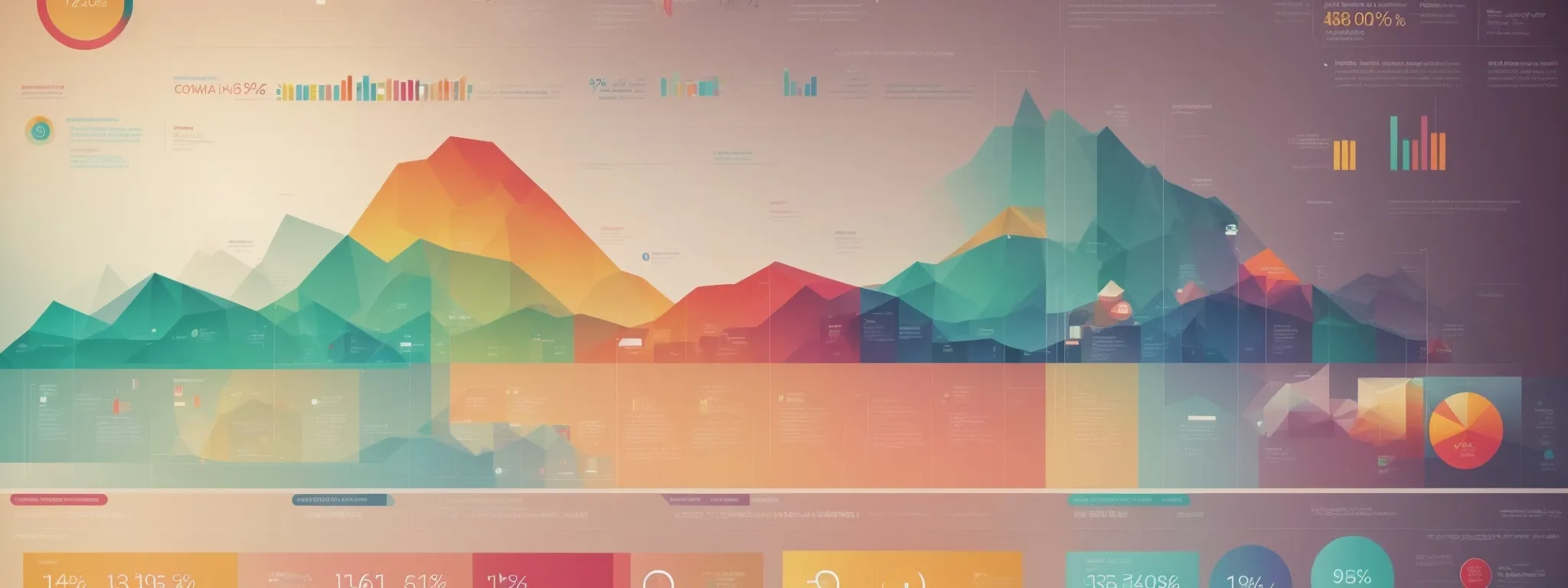 Colorful abstract infographic features layered mountain-shaped graphs, pie charts, and bar charts, displaying various statistical data on a gradient background.