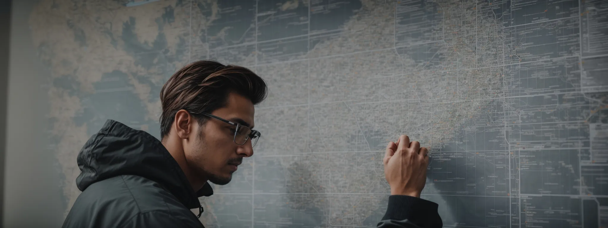 a web developer intently studies a visual map of website architecture highlighting interconnected webpages.