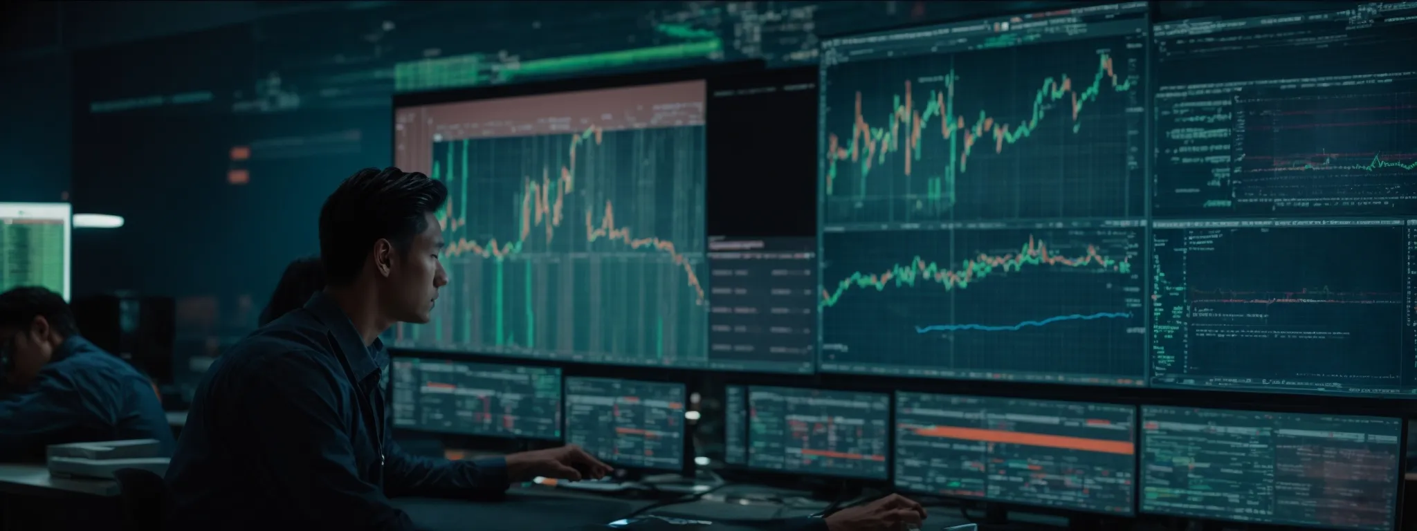 a person analyzing vibrant seo metrics on a large computer screen, reflecting a comprehensive digital analysis.