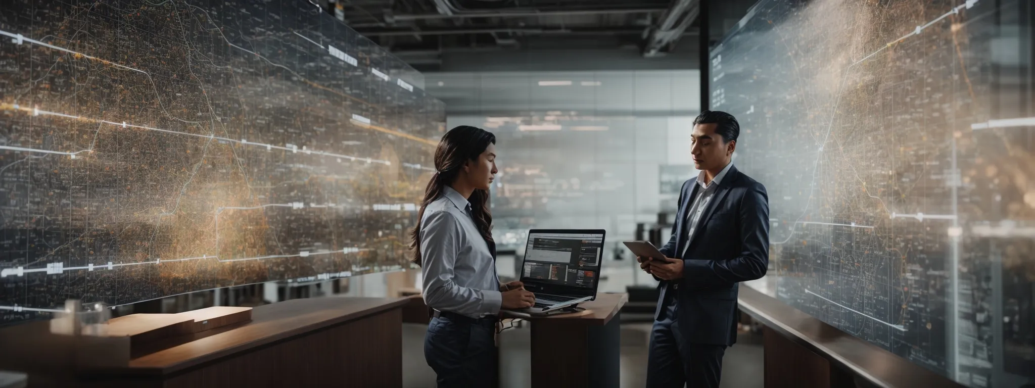 two marketers collaborate over a digital interface, mapping a website's structure intertwined with strategic content planning.