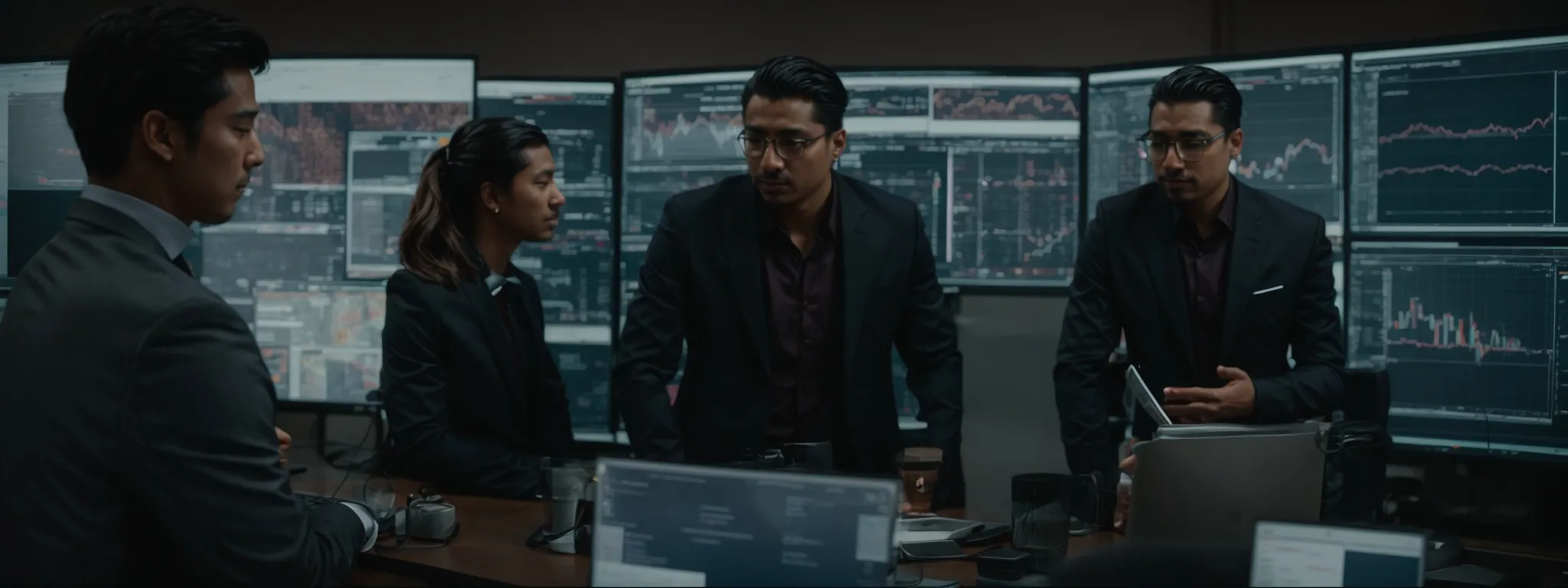 a group of professionals gathered around a large monitor displaying website analytics.