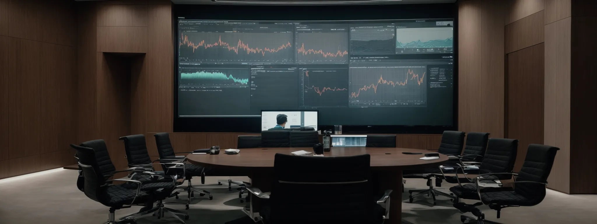 a strategic meeting room with a large monitor displaying data analysis graphs.