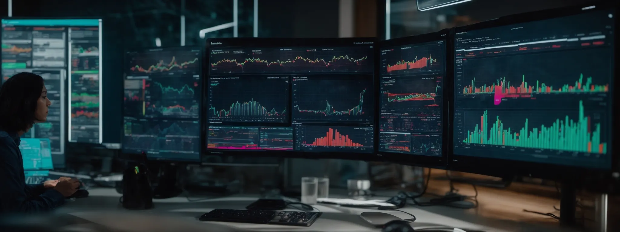 a marketing expert analyzes a colorful dashboard displaying various seo metrics and trend graphs on a large monitor.