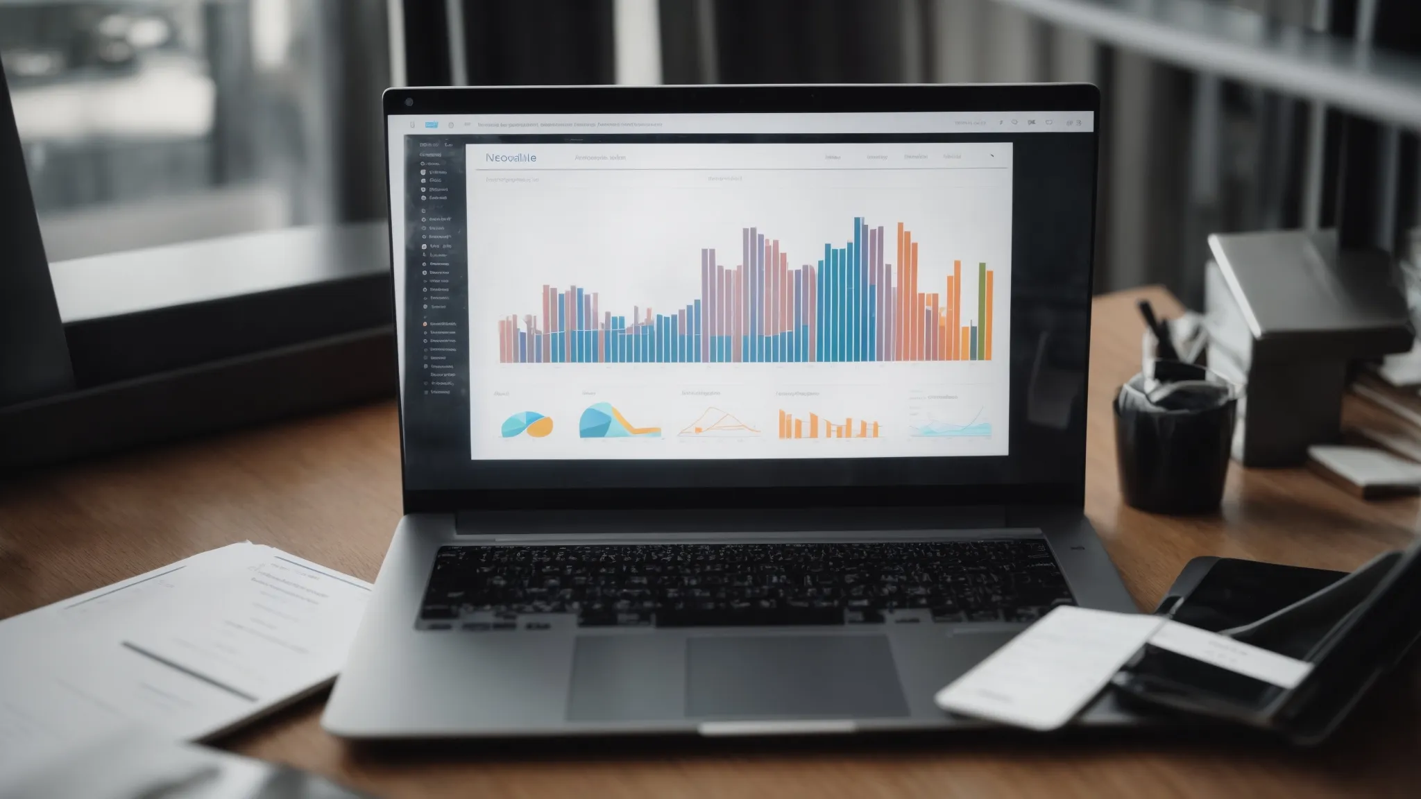 a person working on a laptop with graphs and charts indicating website analytics on the screen.