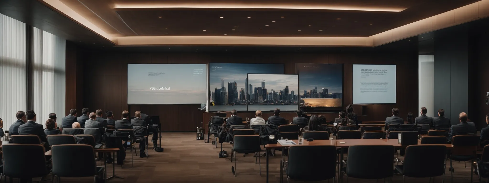 a conference room with a professional presentation on a large screen, reflecting a seminar on digital content strategy.