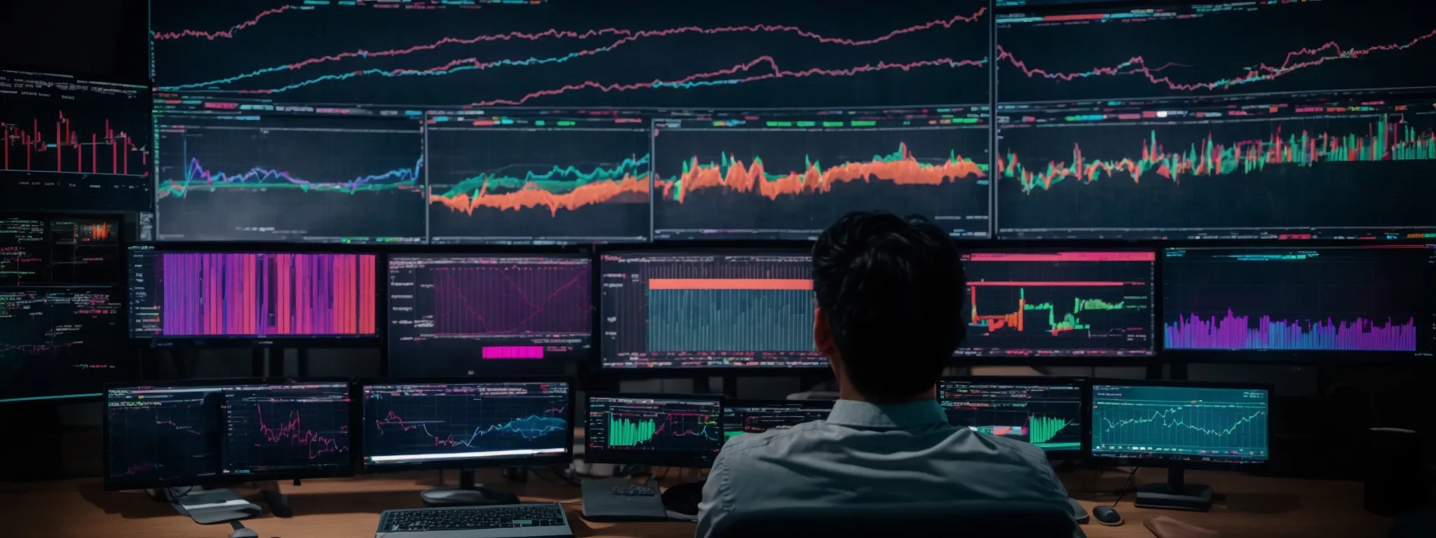 a person sitting in front of multiple computer screens displaying colorful graphs and analytics dashboards.