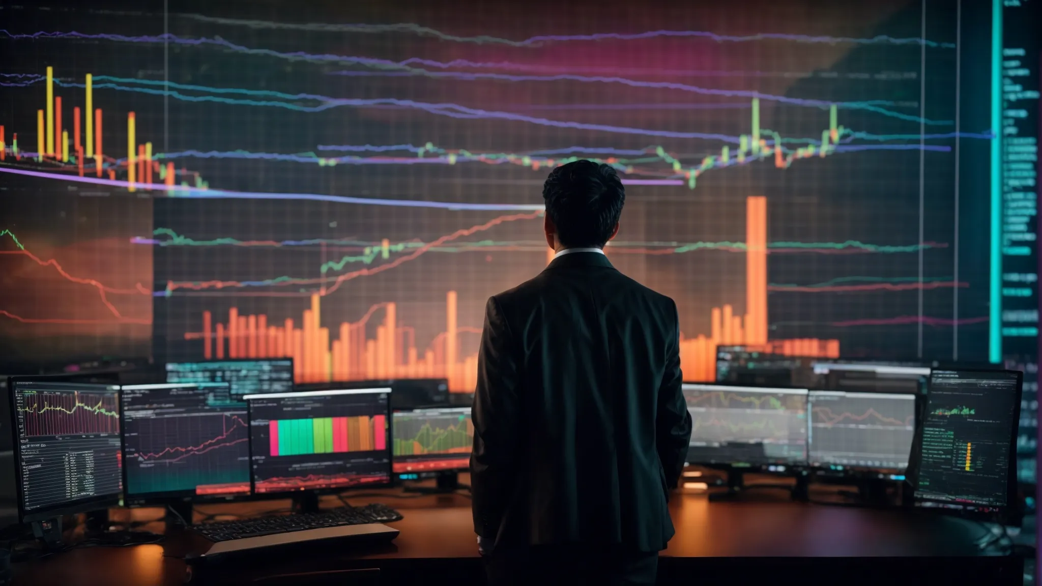 a focused individual gazes at a computer screen displaying colorful analytics charts.