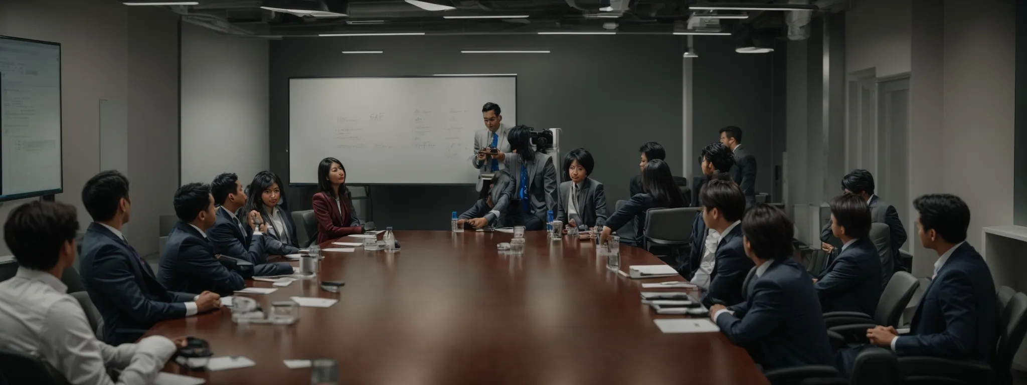 a group of professionals gathered around a conference table, strategizing with a whiteboard in the background.