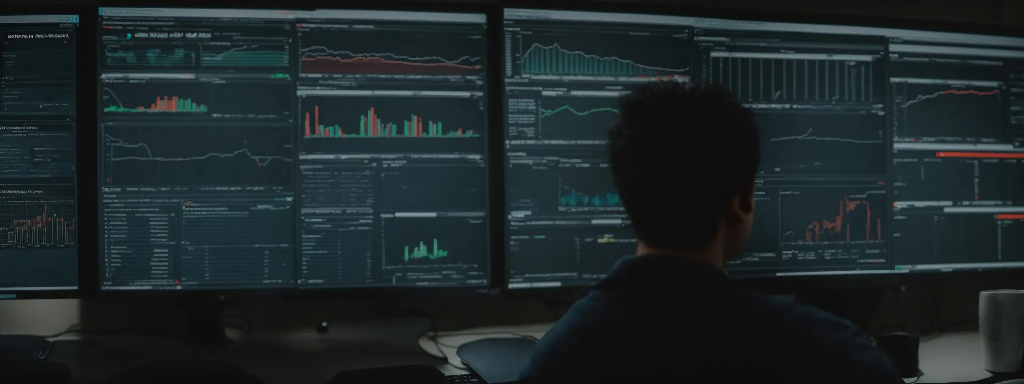 a content specialist reviews a detailed analytics dashboard on a computer screen, reflecting the performance metrics of a website.