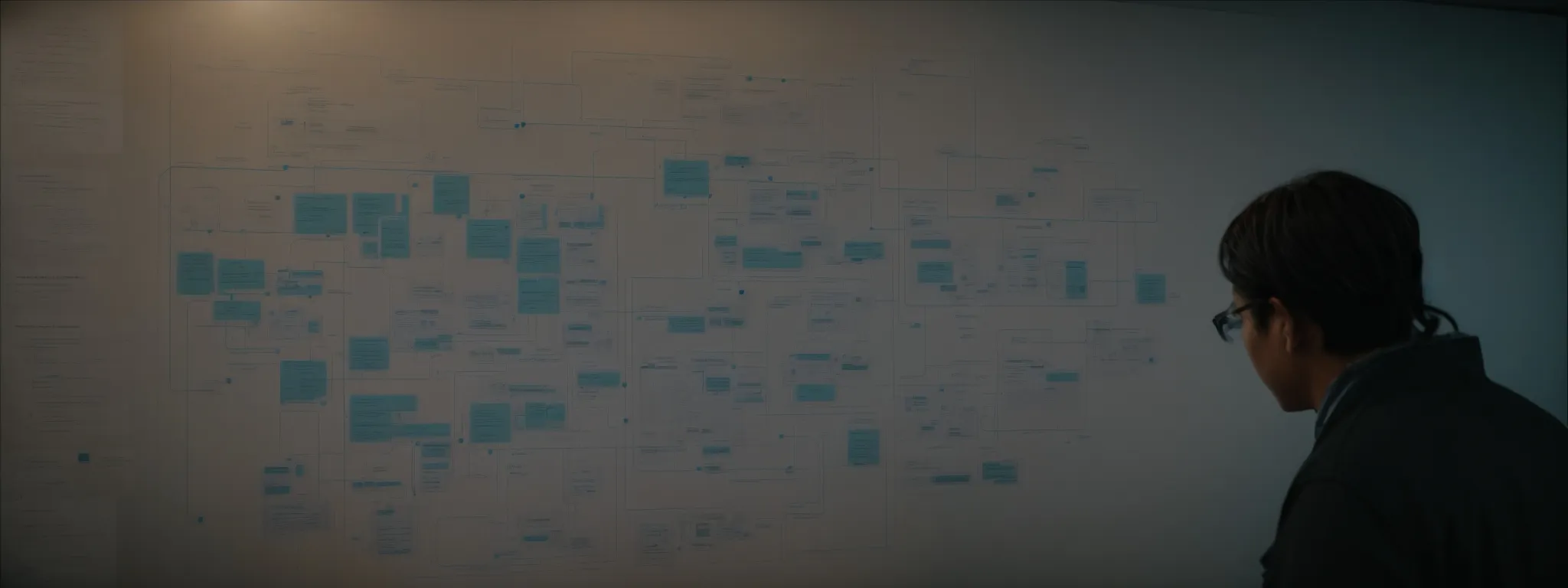 a person examining a large, glowing flowchart detailing an seo strategy.