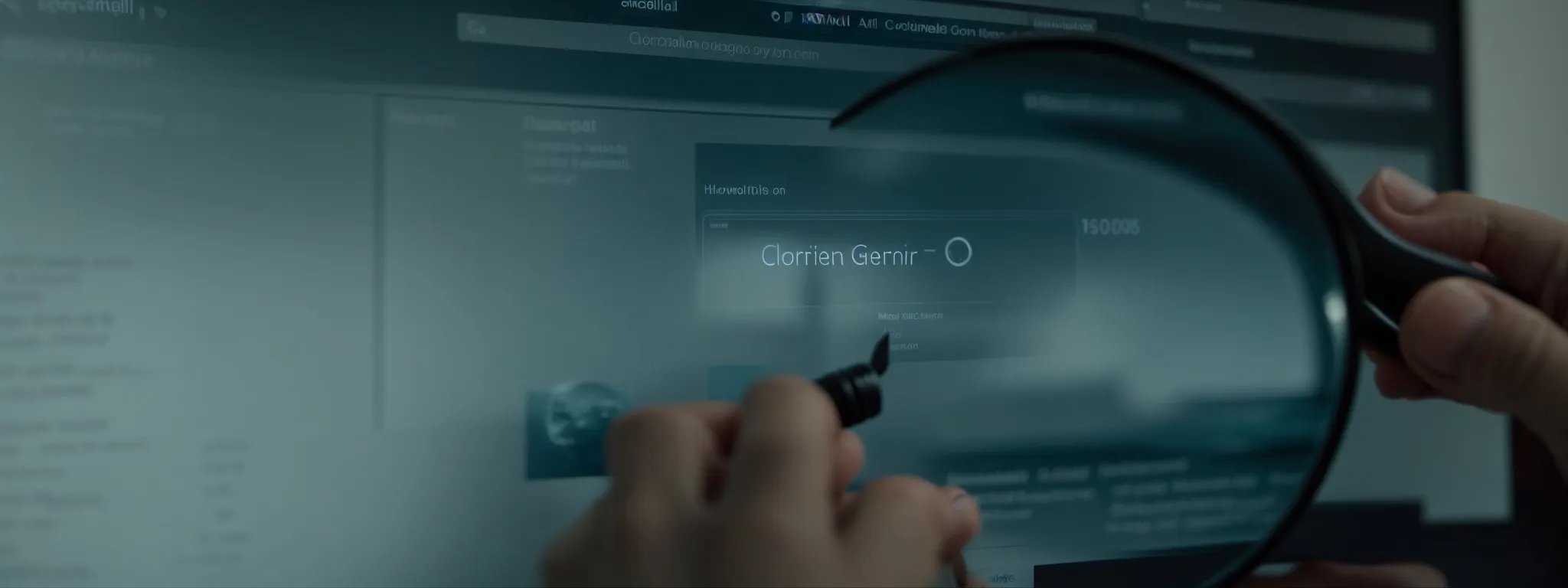 a person clicks on a magnifying glass icon on a digital screen displaying a webpage layout.