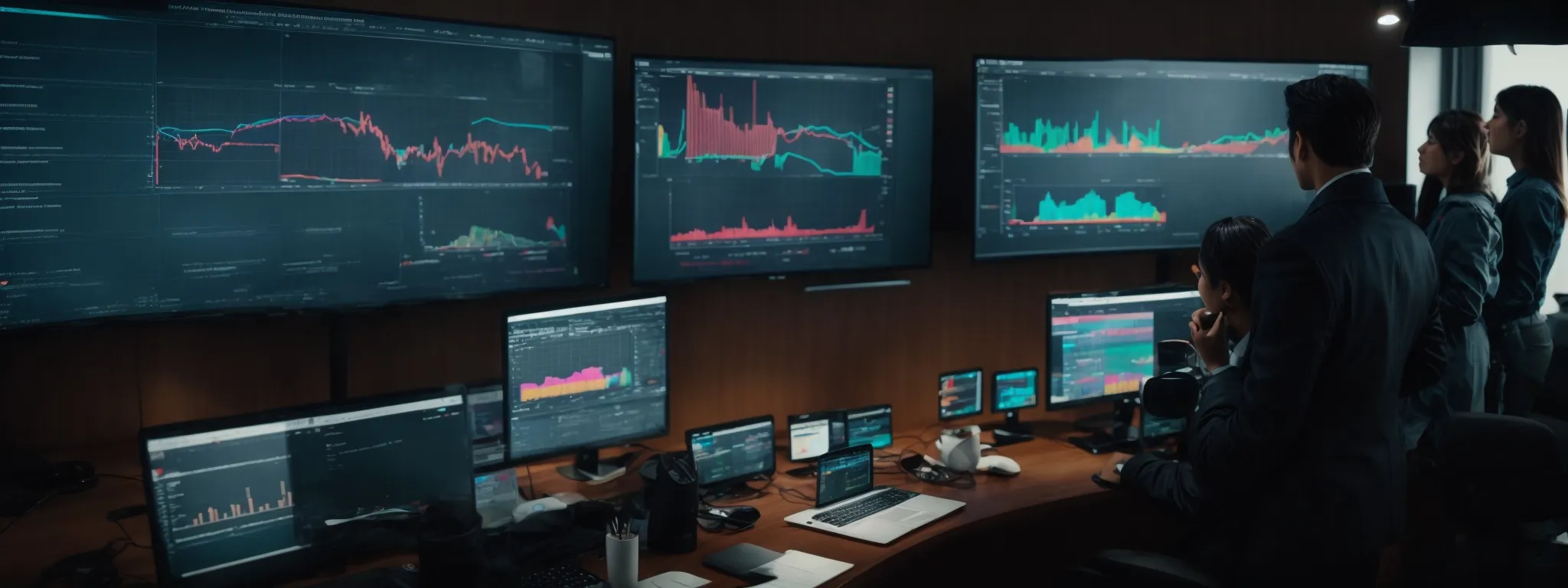 a group of professionals gather around a large computer screen, analyzing colorful charts and graphs depicting seo performance.