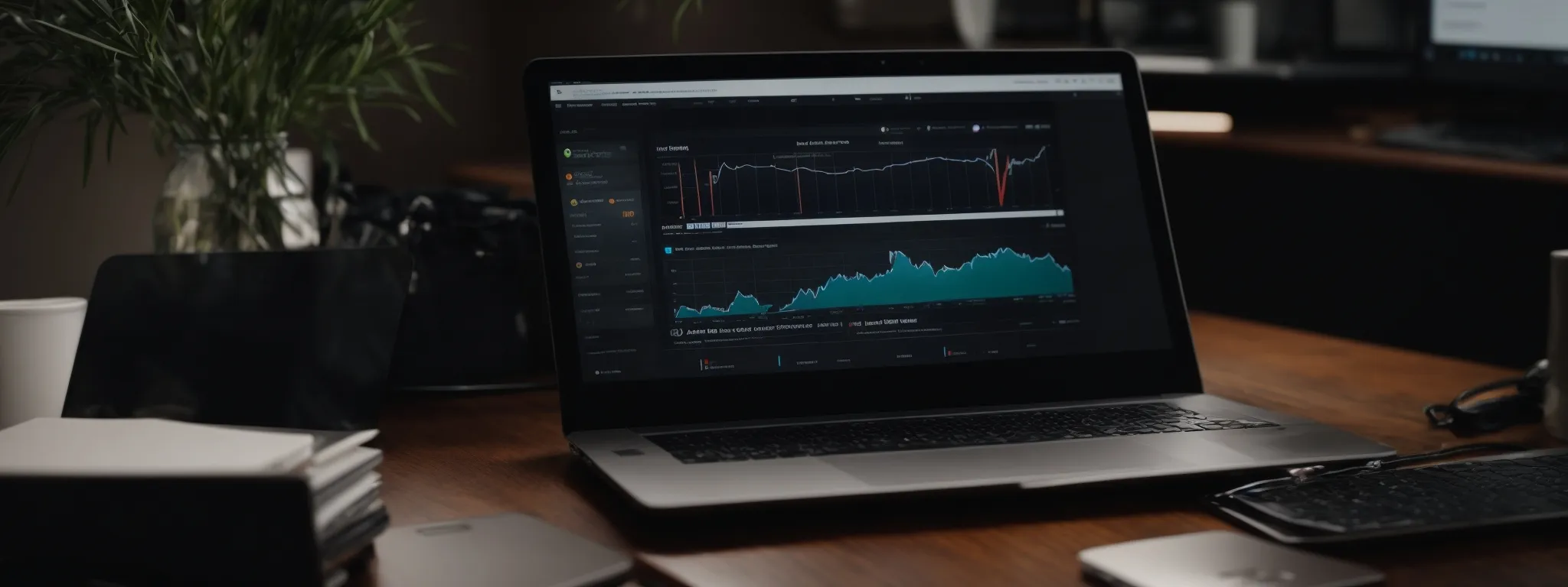 a laptop on a desk with a website analytics dashboard visible on its screen.