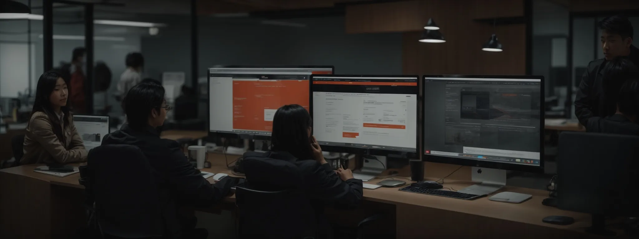 a modern digital marketing team discusses strategies around a computer screen displaying a fire protection website.