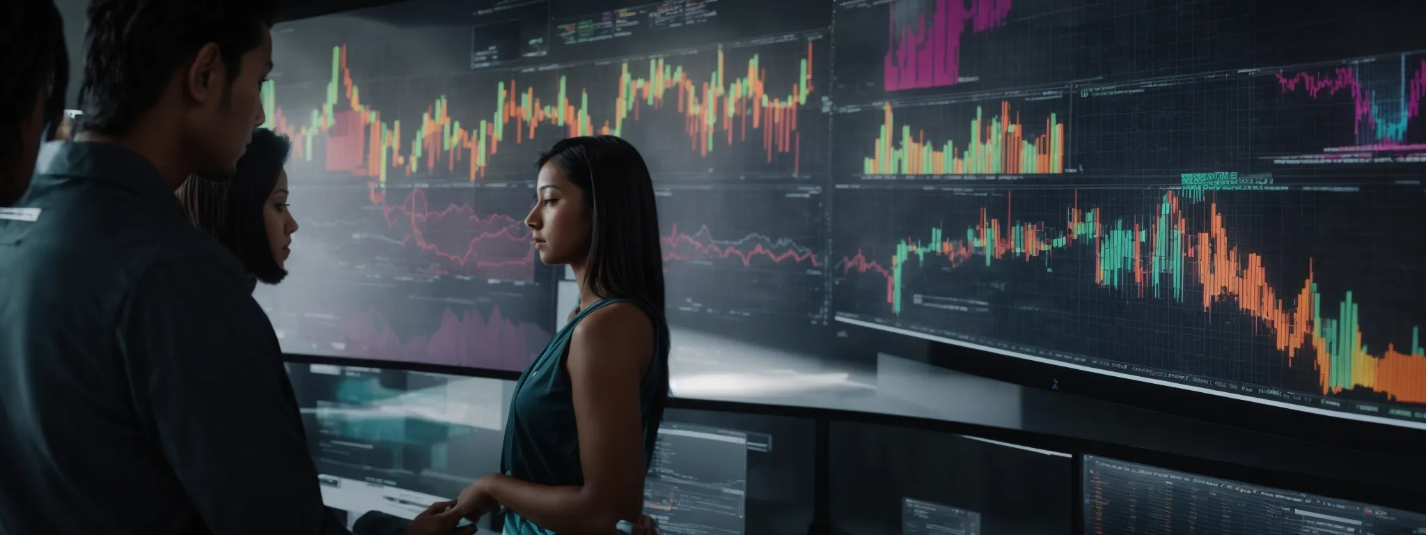 a marketing team analyzes colorful graphs on a large monitor, reflecting consumer trends and insights.