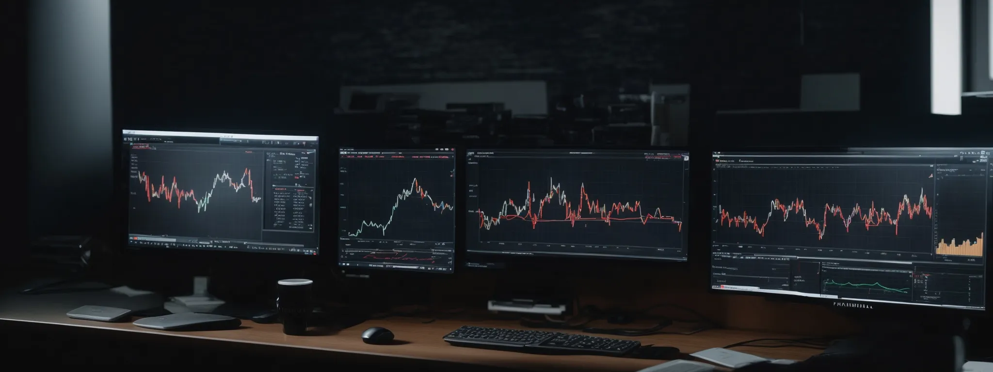 a person sitting at a desk with a computer screen displaying graphs and analytics symbols, indicating seo performance analysis.