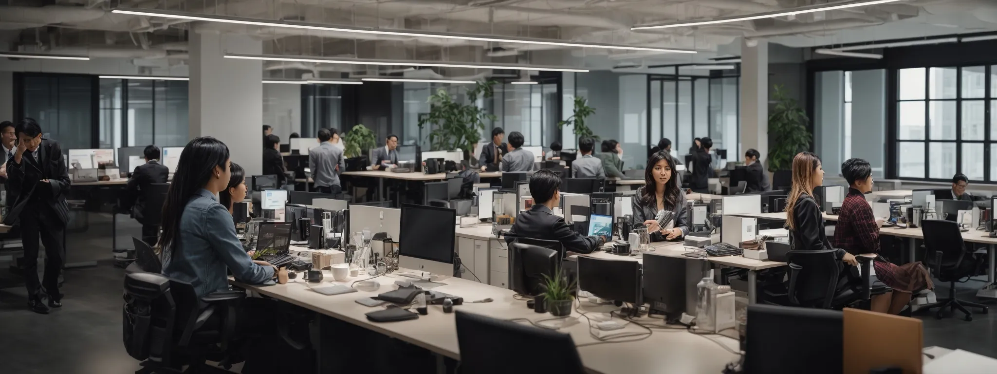 a modern, bustling open-plan office space with diverse individuals engaged around a central table, highlighting collaboration and technology integration.