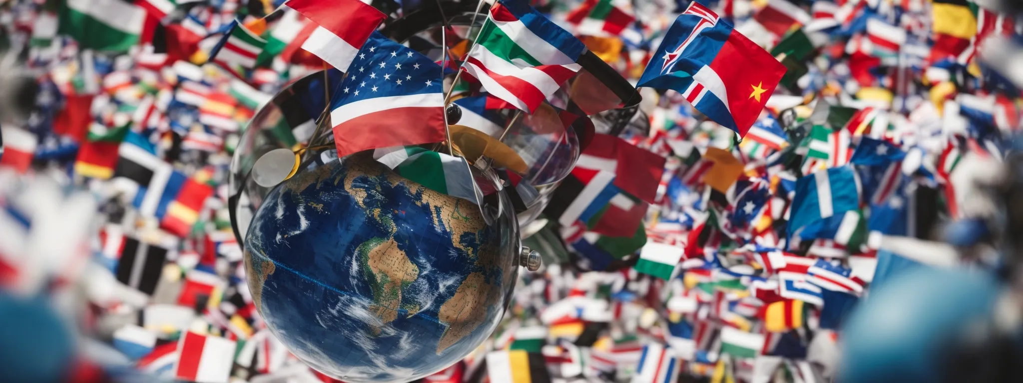a globe surrounded by various national flags with a magnifying glass hovering over it, illustrating global search presence.