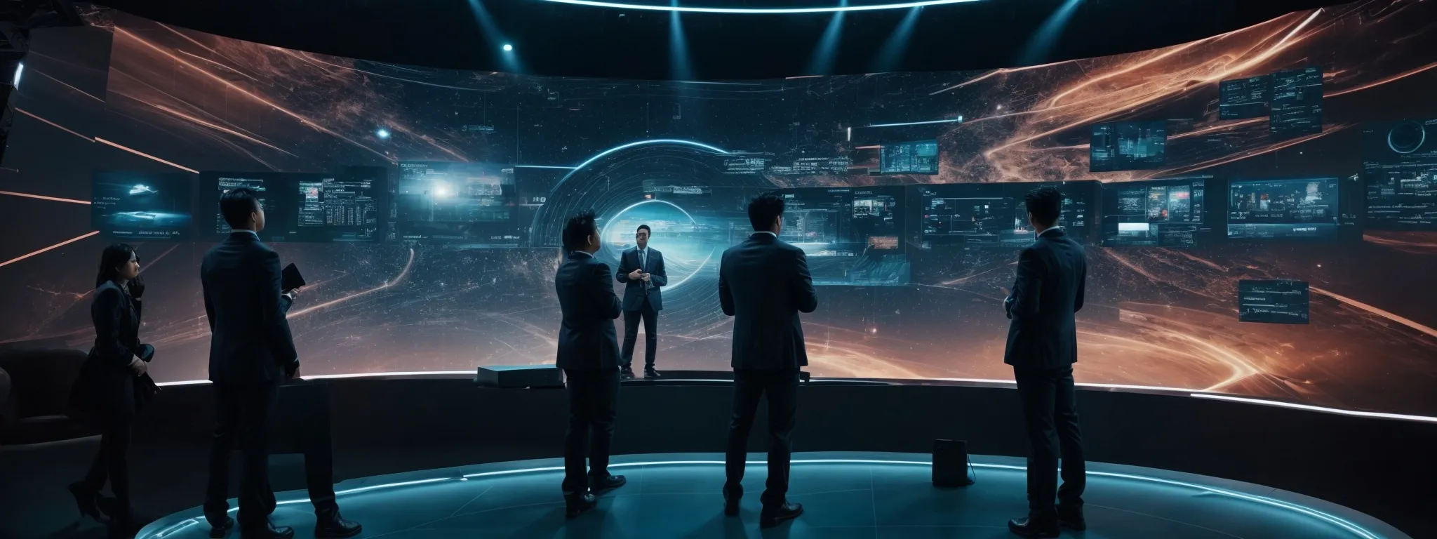 a group of tech experts discuss on a futuristic stage with an immersive digital screen displaying seo analytics.