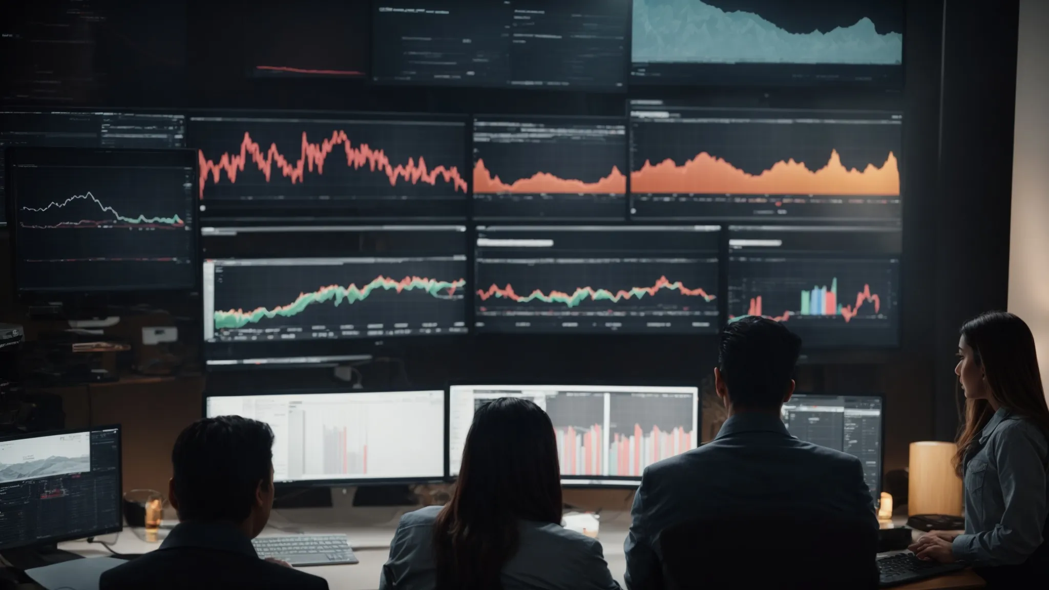 a digital marketing team gathers around a computer analyzing website traffic and conversion rate graphs.