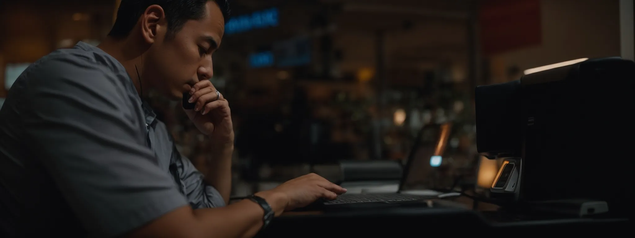 a business owner thoughtfully reading a negative review on a computer screen, considering the feedback for constructive changes.