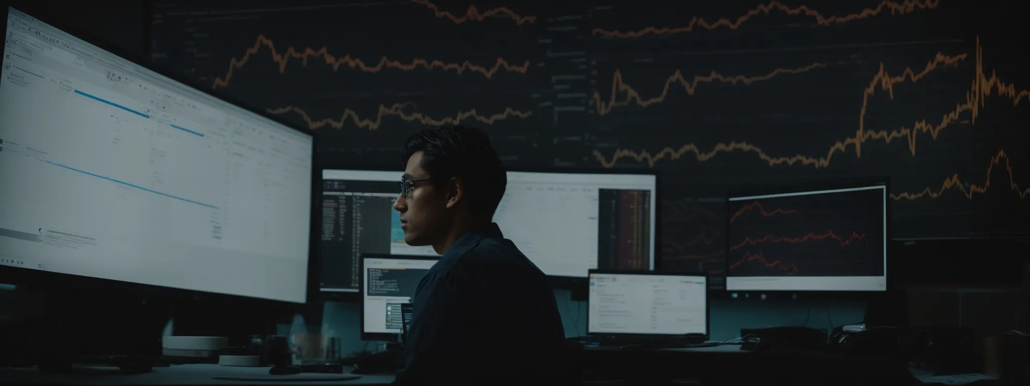 a webmaster sits before a computer screen displaying a graph of climbing search engine rankings, symbolizing the impact of indexnow on seo.