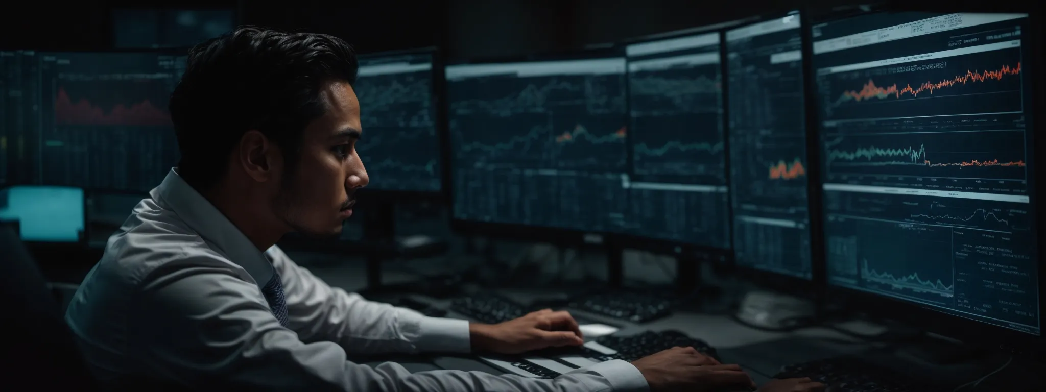 a focused individual intently monitors a computer screen displaying an analytics dashboard, highlighting a sudden drop in website traffic.
